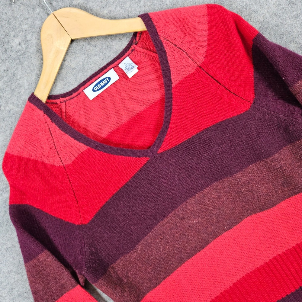 Old Navy‎ Women's Sweater Size L V-Neck Striped 100% Lambswool Red Purple Winter